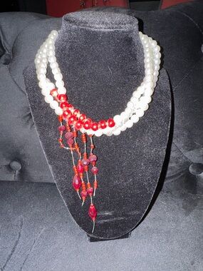 White Pearl Necklace with Blood Red Bead Accent Look
